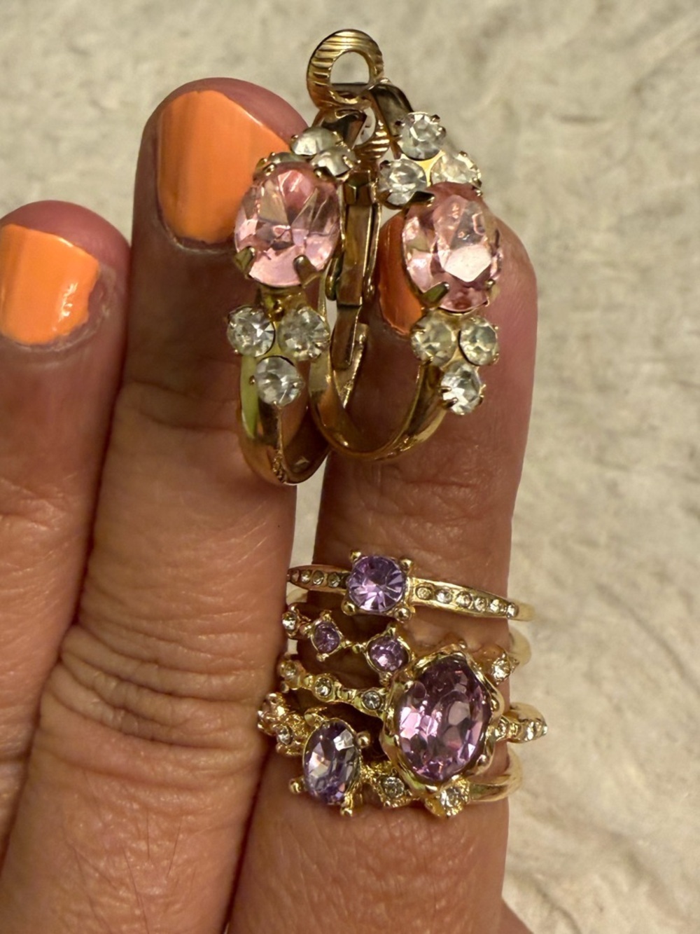 5 Piece Gold Ring Set with Mauve Gemstones and Crystal hoop earrings